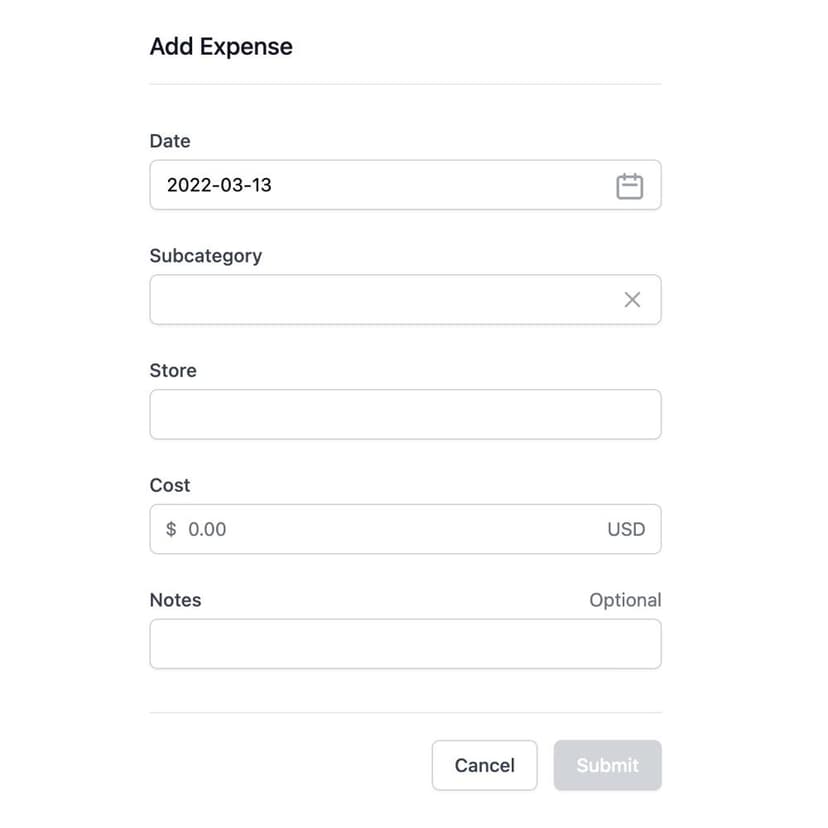 Expense form to populate each expense made.